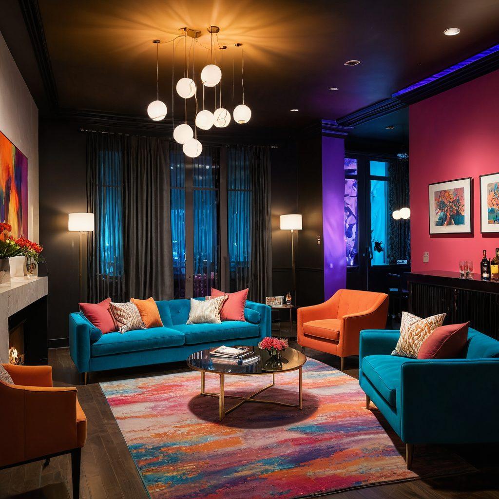 A vibrant and enticing scene featuring a lively swinger event in a stylishly decorated lounge with colorful lighting, intimate seating arrangements, and couples mingling with an air of excitement. Incorporate playful elements like cocktails, soft music notes in the background, and subtle hints of sensuality. The atmosphere should convey a sense of freedom, connection, and celebration within an adult community. super-realistic. vibrant colors. modern style.