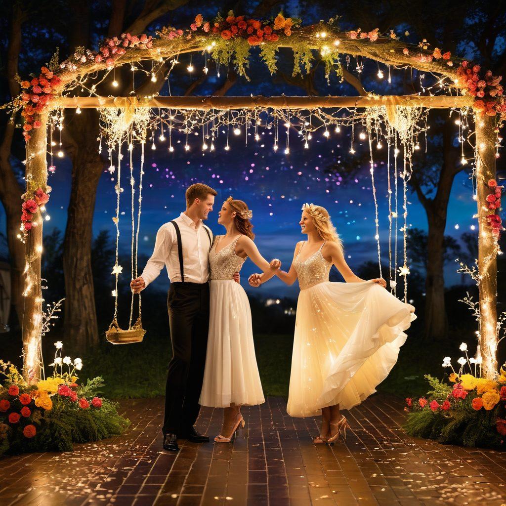 A whimsical and vibrant scene depicting a group of diverse couples joyfully enjoying a fantasy-themed swinging party, with colorful decorations and playful elements, such as oversized swings and whimsical costumes. Enchanting fairy lights twinkle overhead and a backdrop of fantasy landscapes like enchanted forests or magical castles sets the mood. Express the excitement and freedom of their lifestyle through their joyful expressions and dynamic poses. super-realistic. vibrant colors. fantasy art.